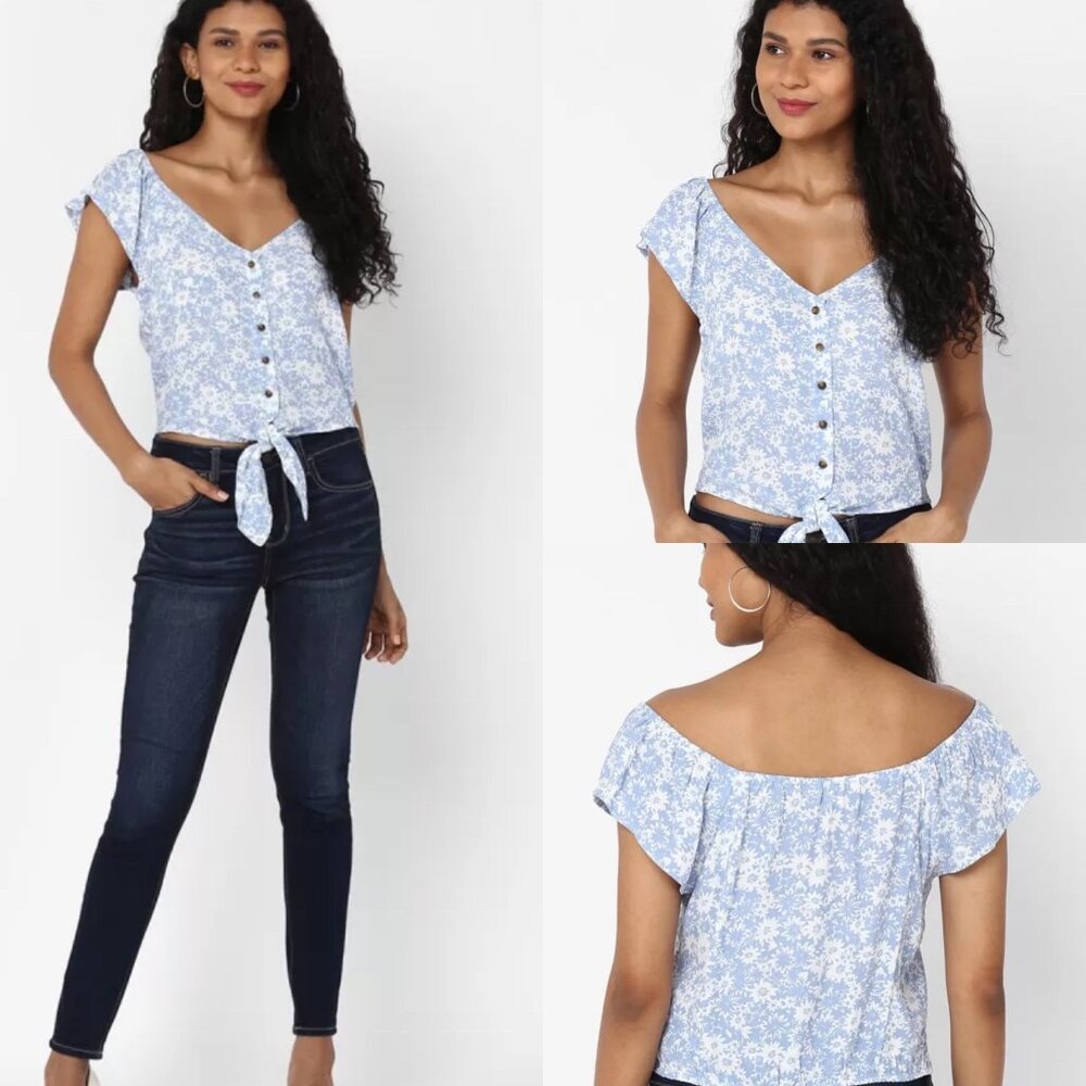 NWT American Eagle Top with Tie Front Detail Blue White Floral Print- Size Small